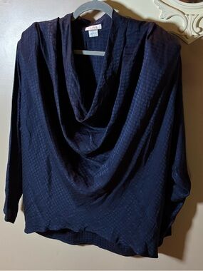 VTG 90s TAHARI 100% Silk Dramatic Cowl Neck Subtle Check Pattern Navy Blouse